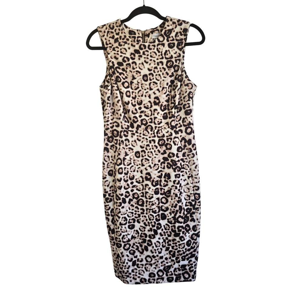 Calvin Klein Womens Leopard Print Sleeveless Sheath Dress Tan Black Size 6